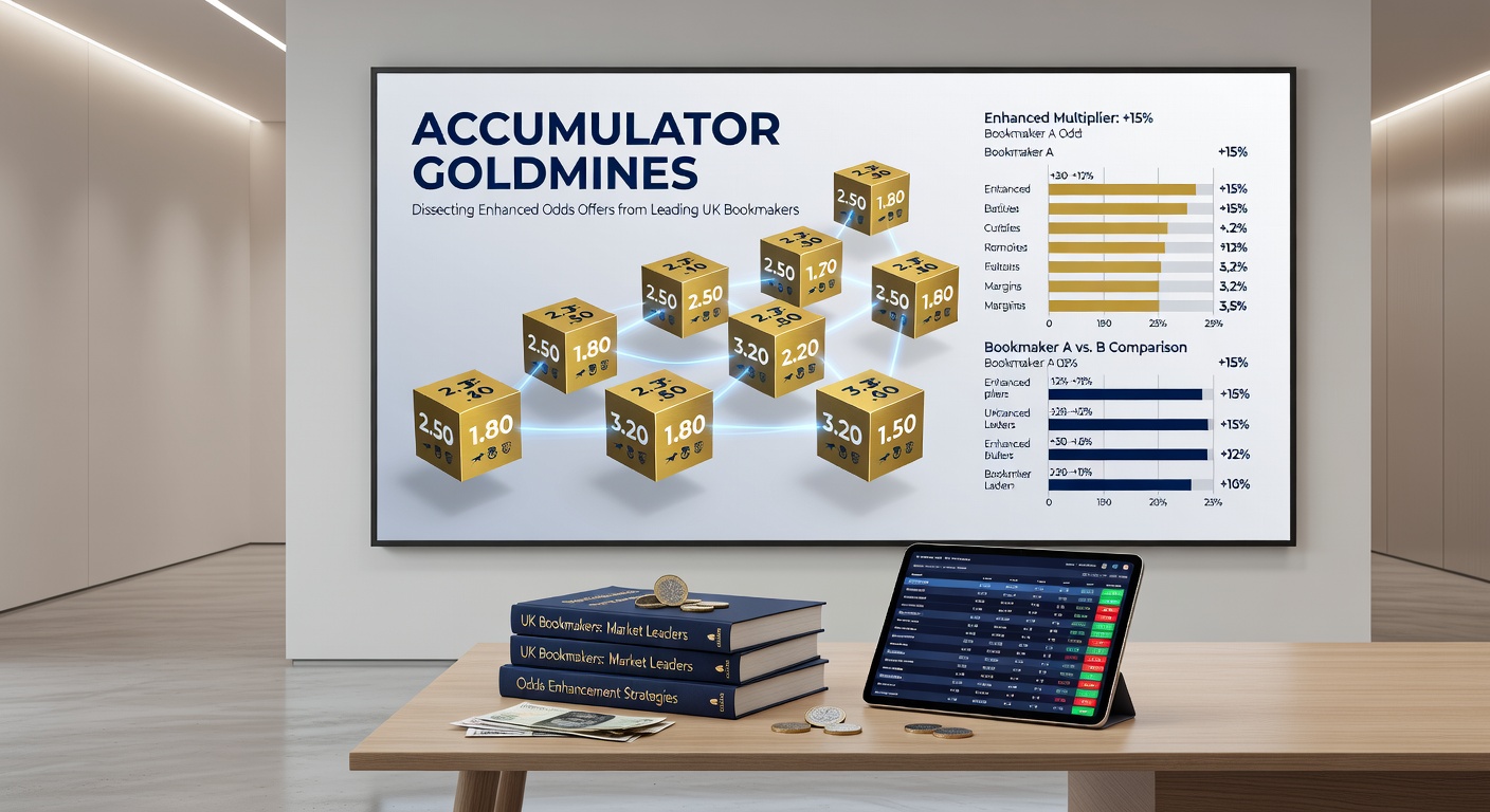 Graphic illustrating stacked accumulator bets with glowing enhanced odds multipliers from UK bookmakers