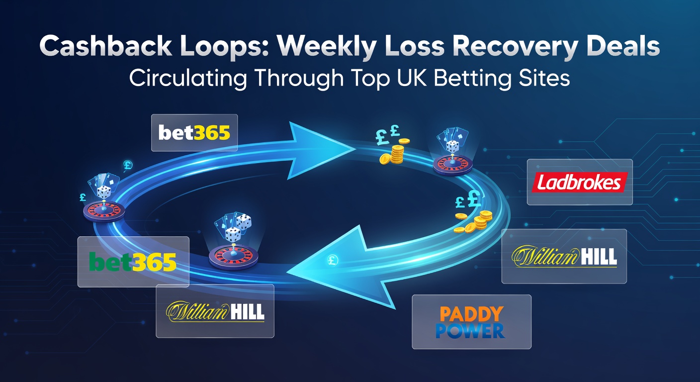 Graphic illustrating a looping arrow around a cashback icon with UK betting site logos, symbolizing weekly loss recovery cycles
