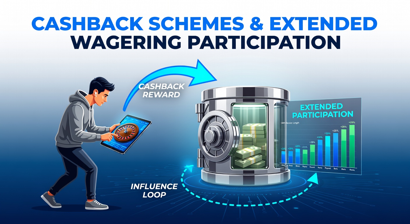 Illustration showing cashback rewards flowing back to users in a betting interface with charts and percentages