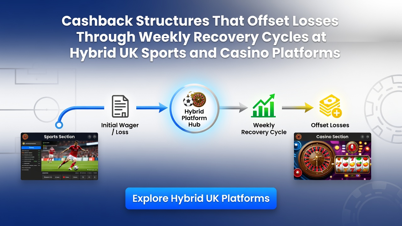 Illustration of weekly cashback cycles on hybrid UK betting platforms showing sports and casino interfaces