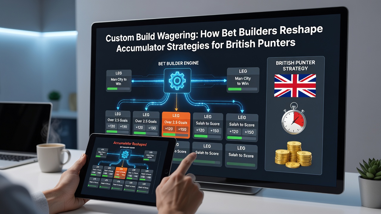 British punters using bet builder tools on mobile devices to create custom accumulator bets during a live football match