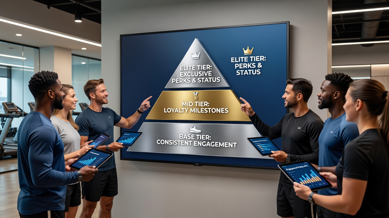 Illustration of tiered loyalty levels in a sports engagement platform showing progression from basic to premium rewards