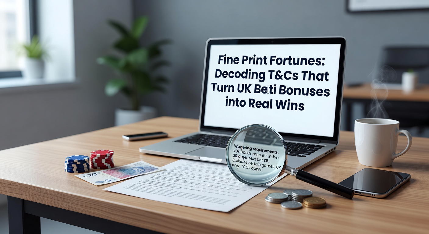 Magnifying glass over dense fine print of betting bonus terms and conditions, highlighting key clauses like wagering requirements and expiry dates