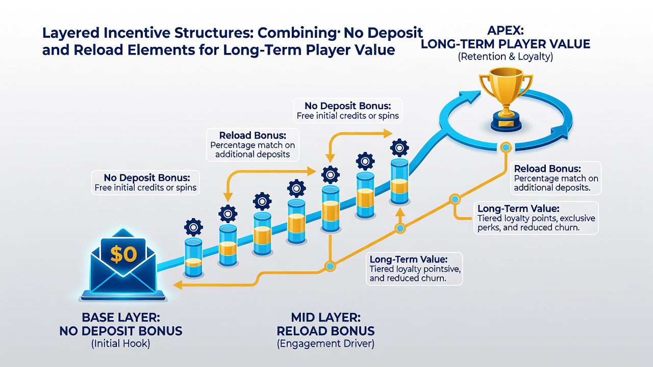 Diagram showing progression from no-deposit bonuses to ongoing reload incentives over time