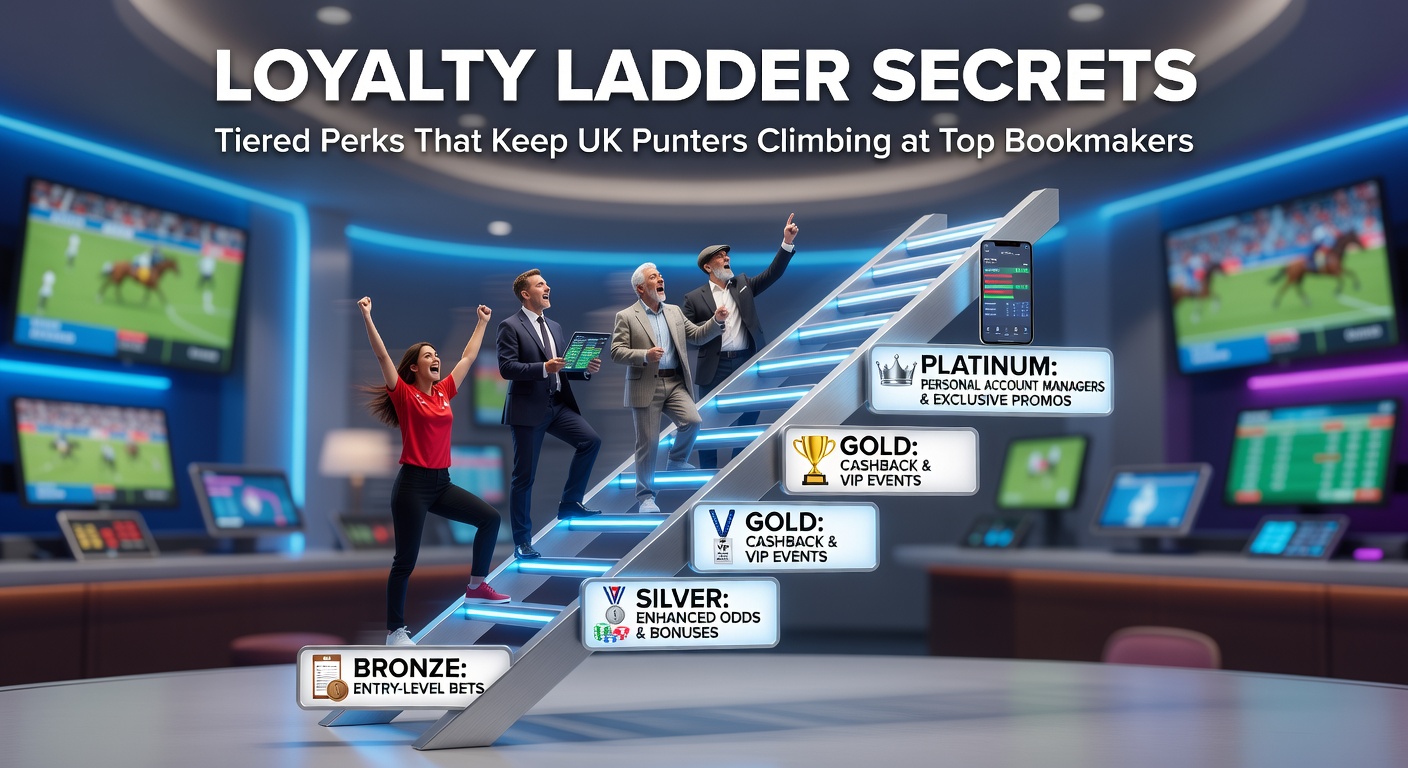 Graphic illustrating a loyalty ladder with tiers from bronze to platinum, featuring icons of free bets, cashback, and VIP perks at UK bookmakers