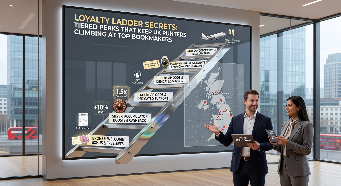 Screenshot of a bookmaker's loyalty dashboard showing tier progression, points balance, and upcoming perks like free bets and cashback