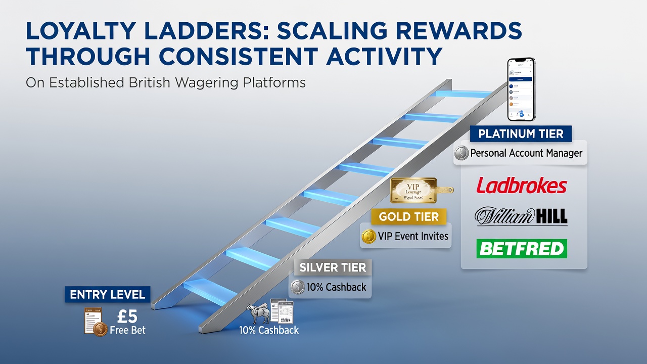 Illustration of tiered loyalty ladders showing reward progression on UK betting platforms
