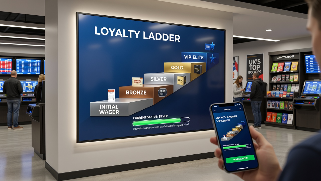 Infographic illustrating tiered loyalty rewards and point thresholds at major UK betting operators