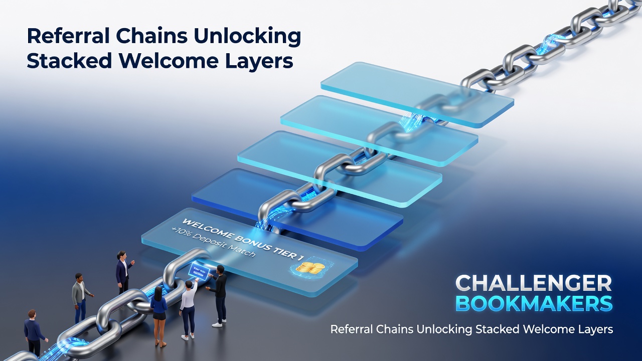 Diagram showing referral chain mechanics connecting new users to stacked welcome bonus layers at emerging bookmakers