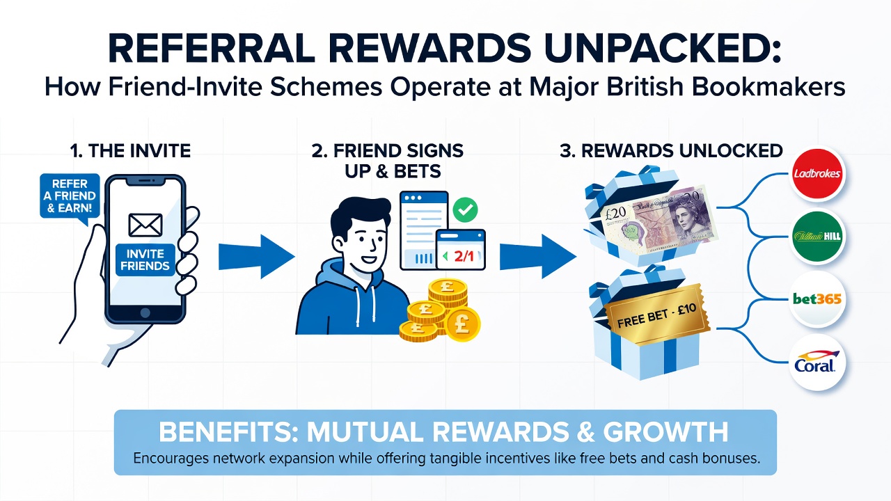 Illustration of friend referral process at British bookmakers showing signup flow and bonus activation steps