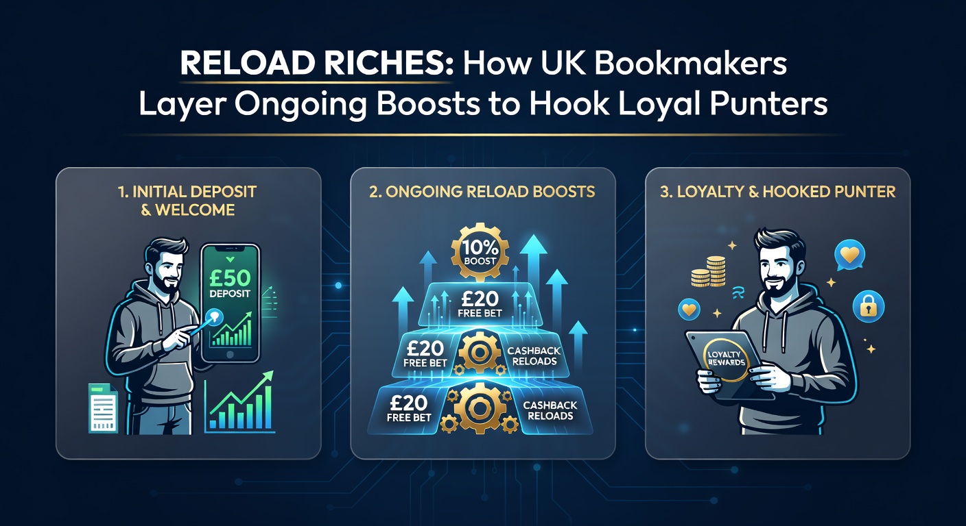 UK punter checking reload bonus offers on a betting app during a live football match, highlighting layered promotions for loyal customers