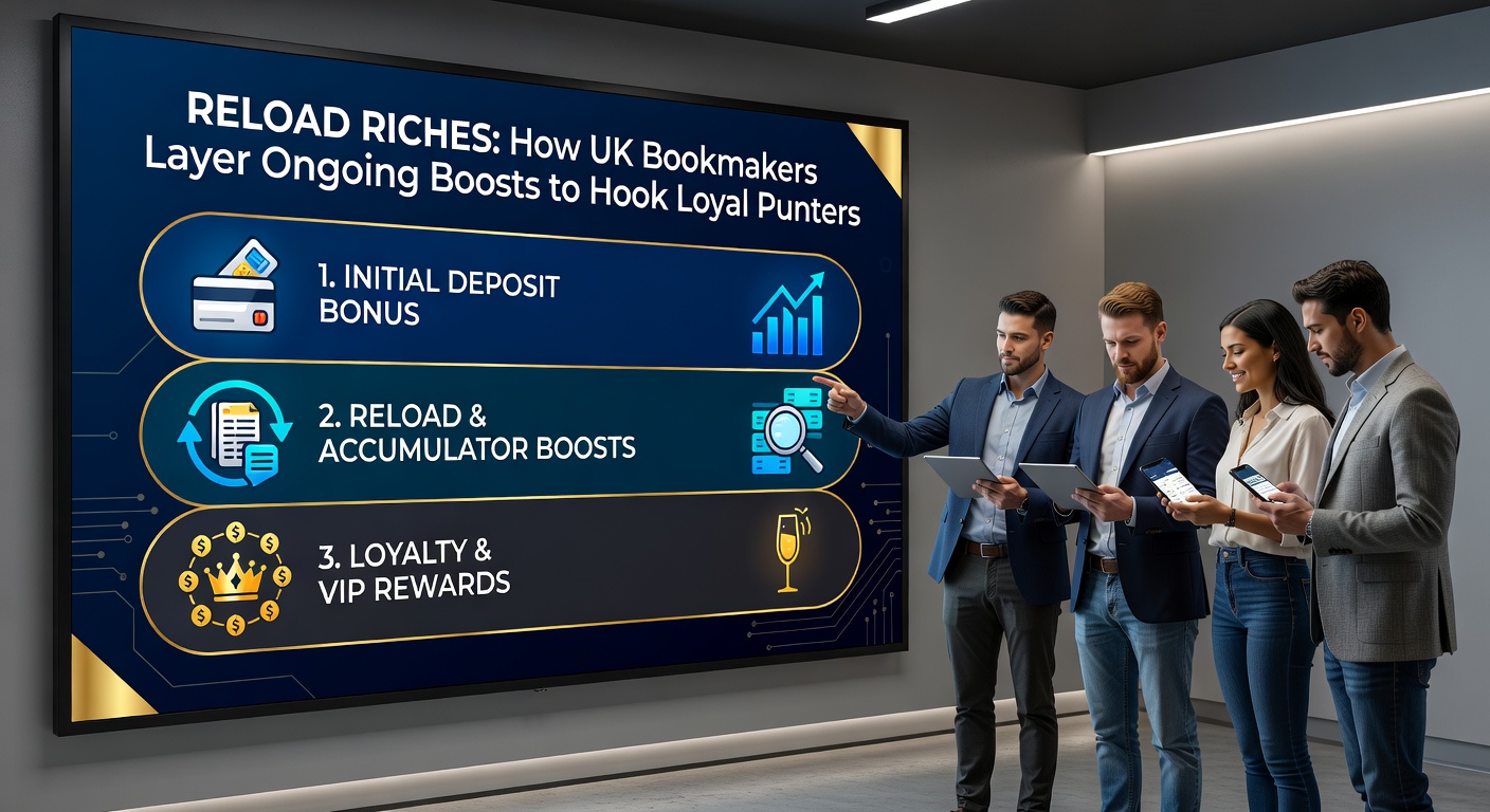 Graphic illustrating layered reload bonus structures from major UK bookmakers, showing deposit matches, profit boosts, and loyalty tiers stacking up for repeat punters