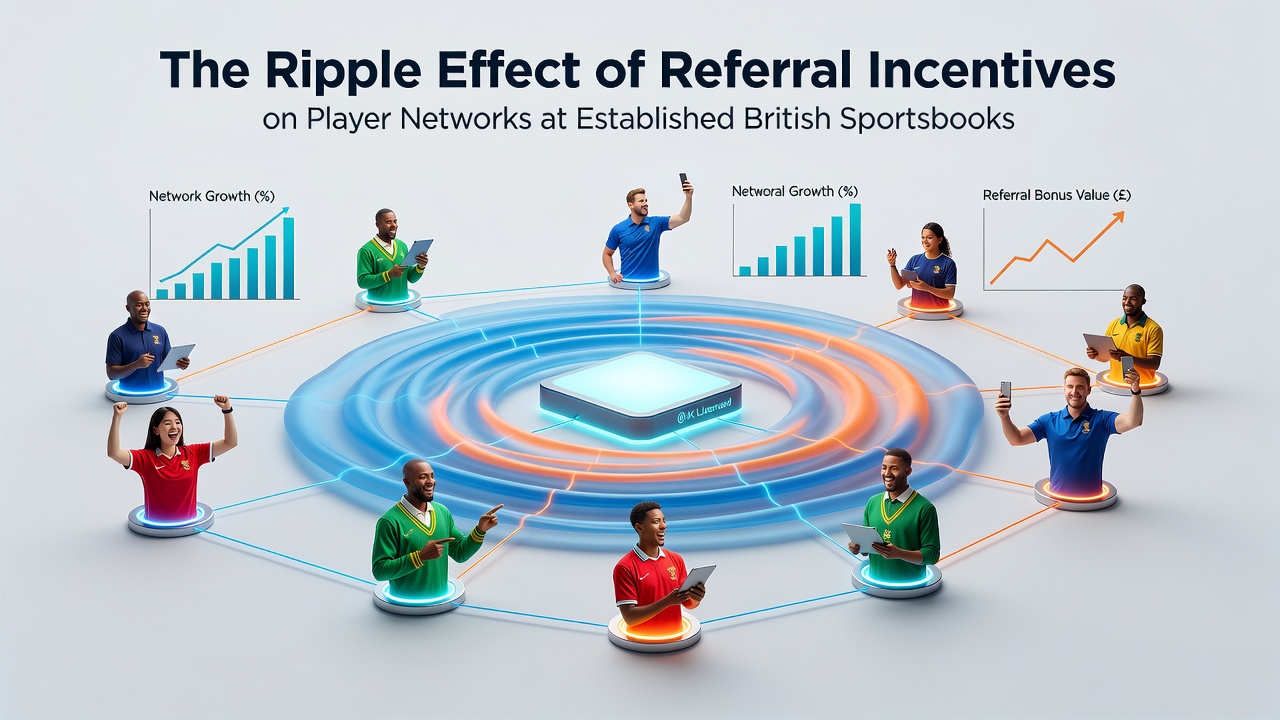 Illustration of interconnected player networks expanding through referral incentives at British sportsbooks