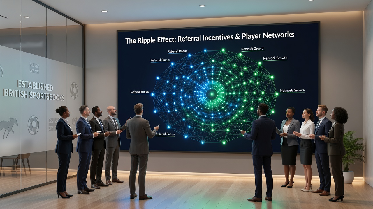 Diagram showing referral chains linking multiple player accounts across British betting platforms