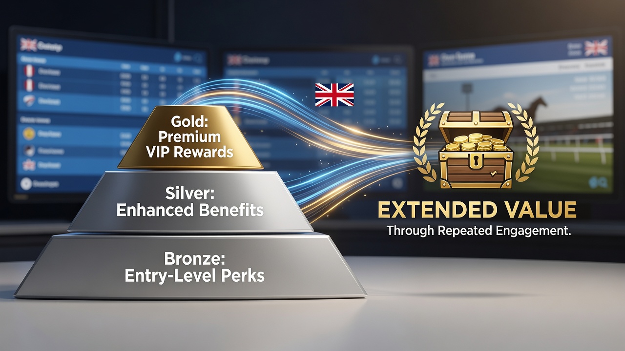 Illustration of tiered loyalty rewards structure at British sportsbooks showing progression levels and benefits