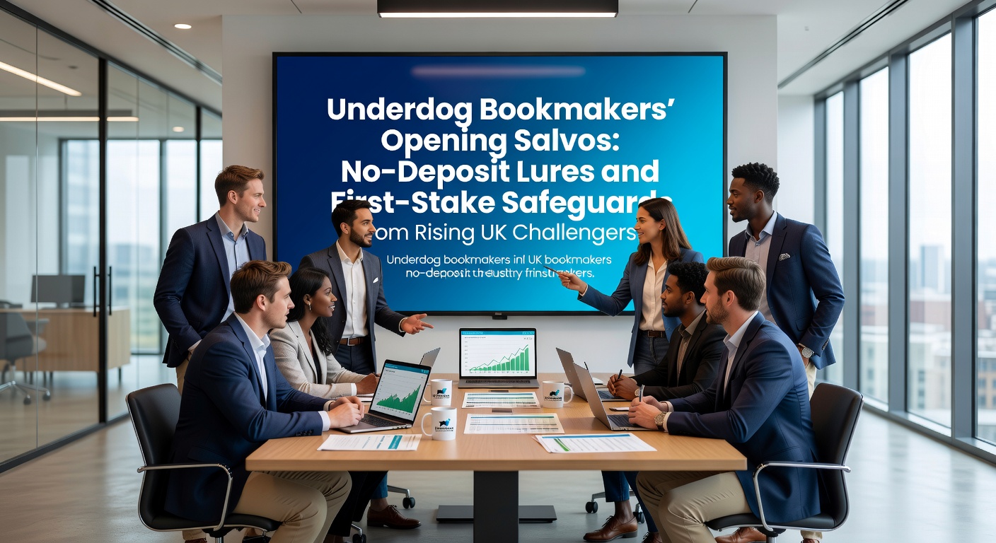 Graphic showing new UK bookmaker logos with no-deposit bonus icons and risk-free bet shields, highlighting emerging challengers in the market